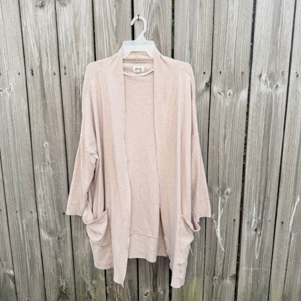 Minimalist Pact Organic Cotton Cardigan M/L Oatmeal Open Front Pocket Sweater